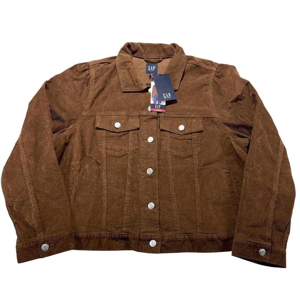 Gap Jacket Womens XL Brown Corduroy Puff Sleeve Button Front Short Trucker
